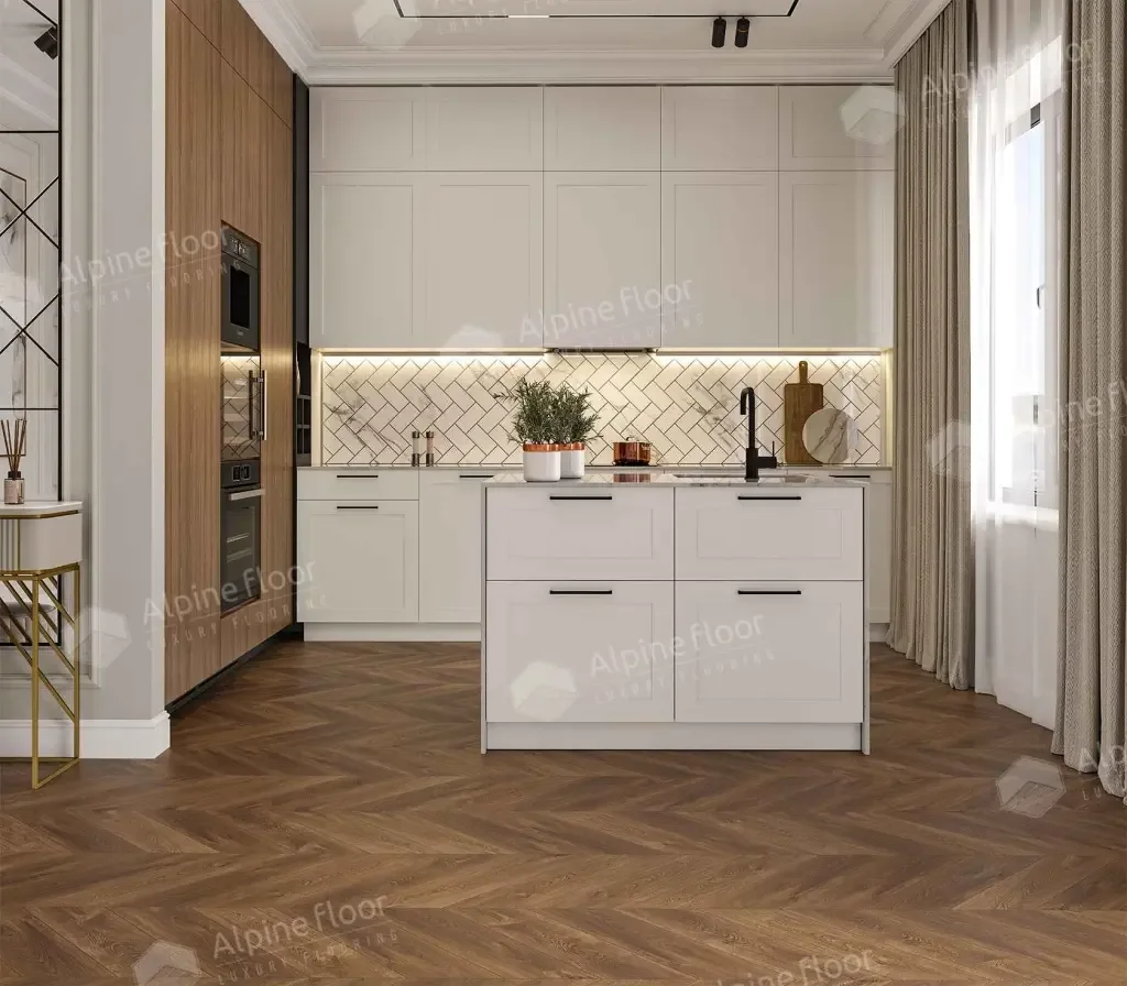 Кварцвиниловый SPC ламинат Alpine Floor Chevron Alpine Дуб Коричневый ECO 18-13 французская елка 600×127×5