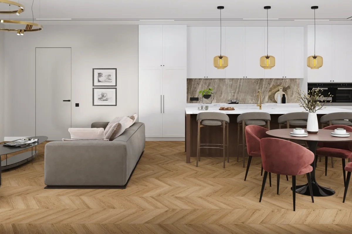 Кварцвиниловый SPC ламинат Damy Floor Chevron Лувр DF04-Ch французская елка 600×127×5,2