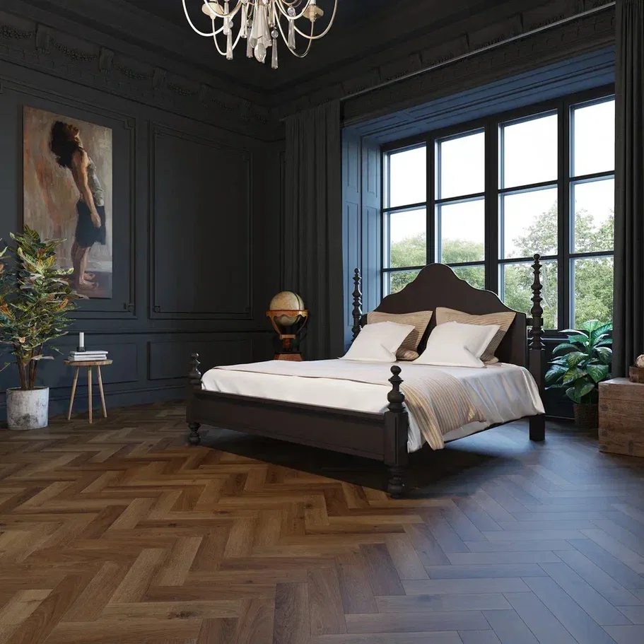 Кварцвиниловая плитка Invictus клеевая Maximus Herringbone Highland Oak Chocolate венгерская елка 749×150×2,5
