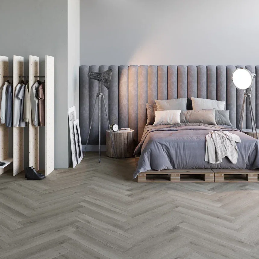 Кварцвиниловый SPC ламинат Invictus Maximus Herringbone River Oak Trout венгерская елка 743×145×5