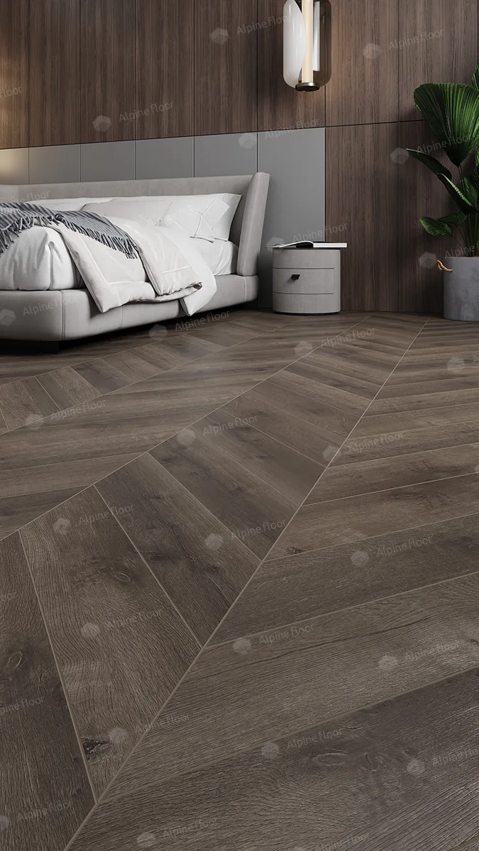 Кварцвиниловый SPC ламинат Alpine Floor Chevron Alpine Дуб Антарес ECO 18-9 французская елка 600×127×5