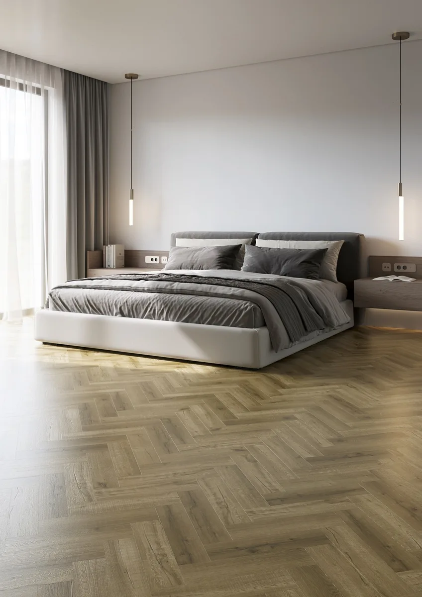Кварцвиниловый SPC ламинат Home Expert Parquet Design Дуб Янтарный пляж 44-0-002 венгерская елка 400×100×4,5