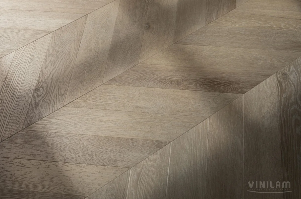 Кварцвиниловый SPC ламинат Vinilam Parquet Chevron Шеврон Сезар RI4445118CL4 французская елка 1293×305×8,5
