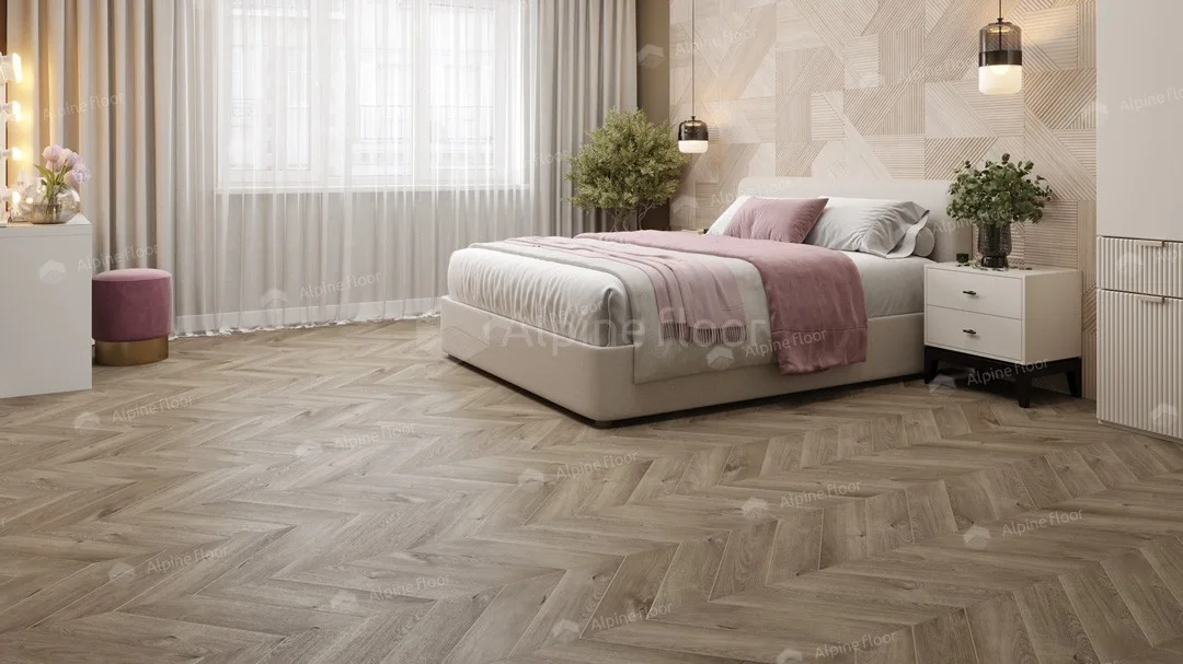 Кварцвиниловая плитка Alpine Floor клеевая Chevron Alpine LVT Дуб Натуральный отбеленный Chevron ECO 20-3 французская елка 555×127×2,5