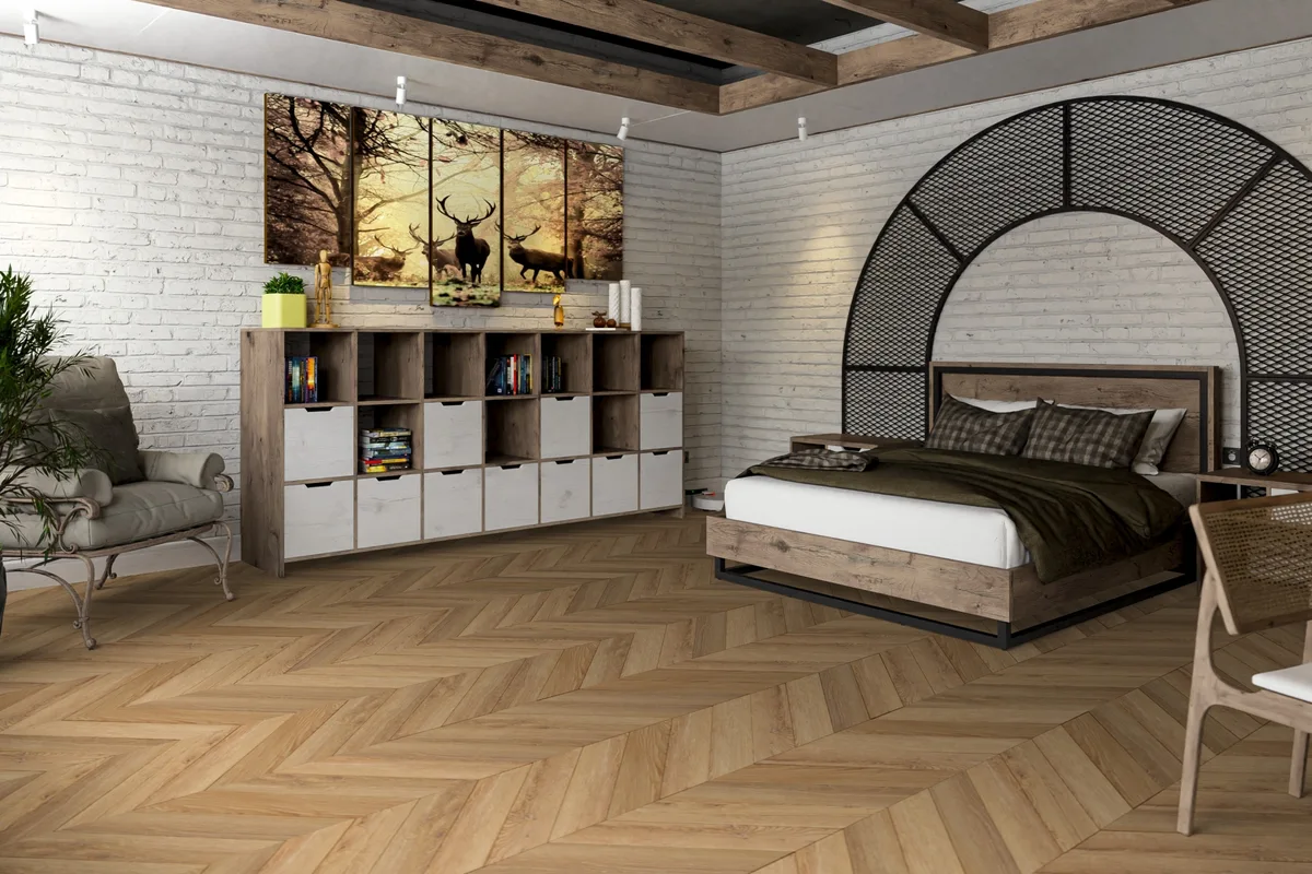 Кварцвиниловый SPC ламинат Damy Floor Chevron Лувр DF04-Ch французская елка 600×127×5,2