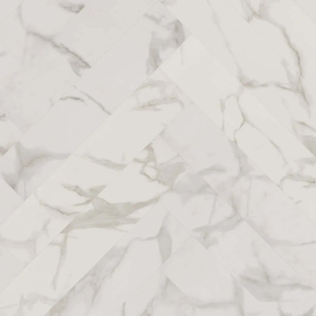 Кварцвиниловый SPC ламинат Invictus Maximus Herringbone Pure Marble Snowflake венгерская елка 743×145×5
