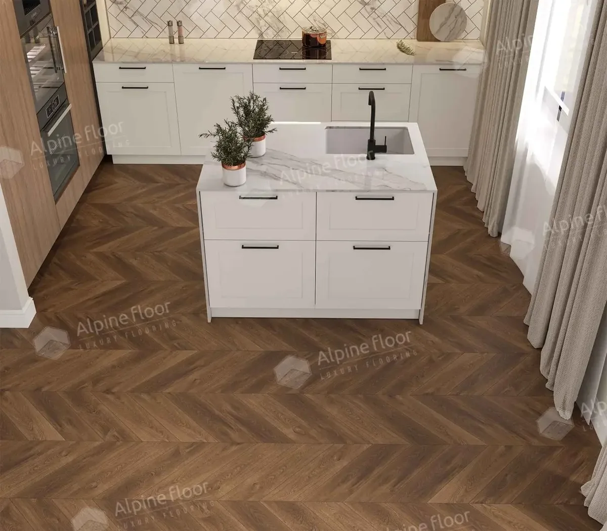 Кварцвиниловый SPC ламинат Alpine Floor Chevron Alpine Дуб Коричневый ECO 18-13 французская елка 600×127×5