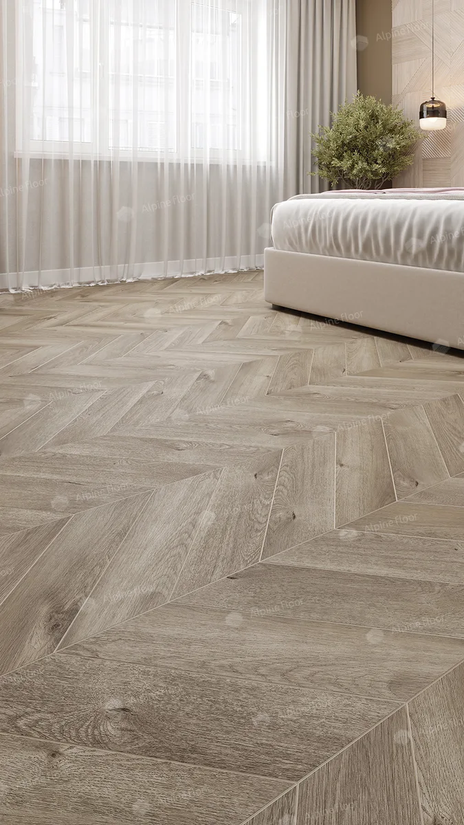 Кварцвиниловый SPC ламинат Alpine Floor Chevron Alpine Дуб Натуральный Отбеленный ECO 18-3 французская елка 600×127×5