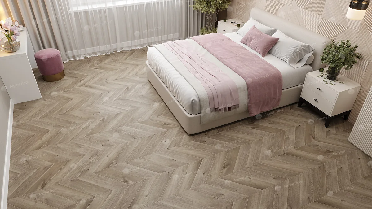 Кварцвиниловый SPC ламинат Alpine Floor Chevron Alpine Дуб Натуральный Отбеленный ECO 18-3 французская елка 600×127×5