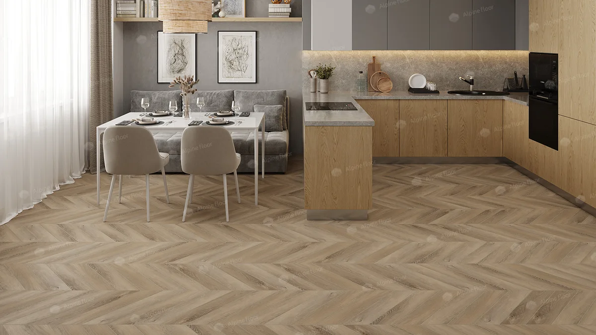 Кварцвиниловый SPC ламинат Alpine Floor Chevron Alpine Дуб Синистра ECO 18-6 французская елка 600×127×5