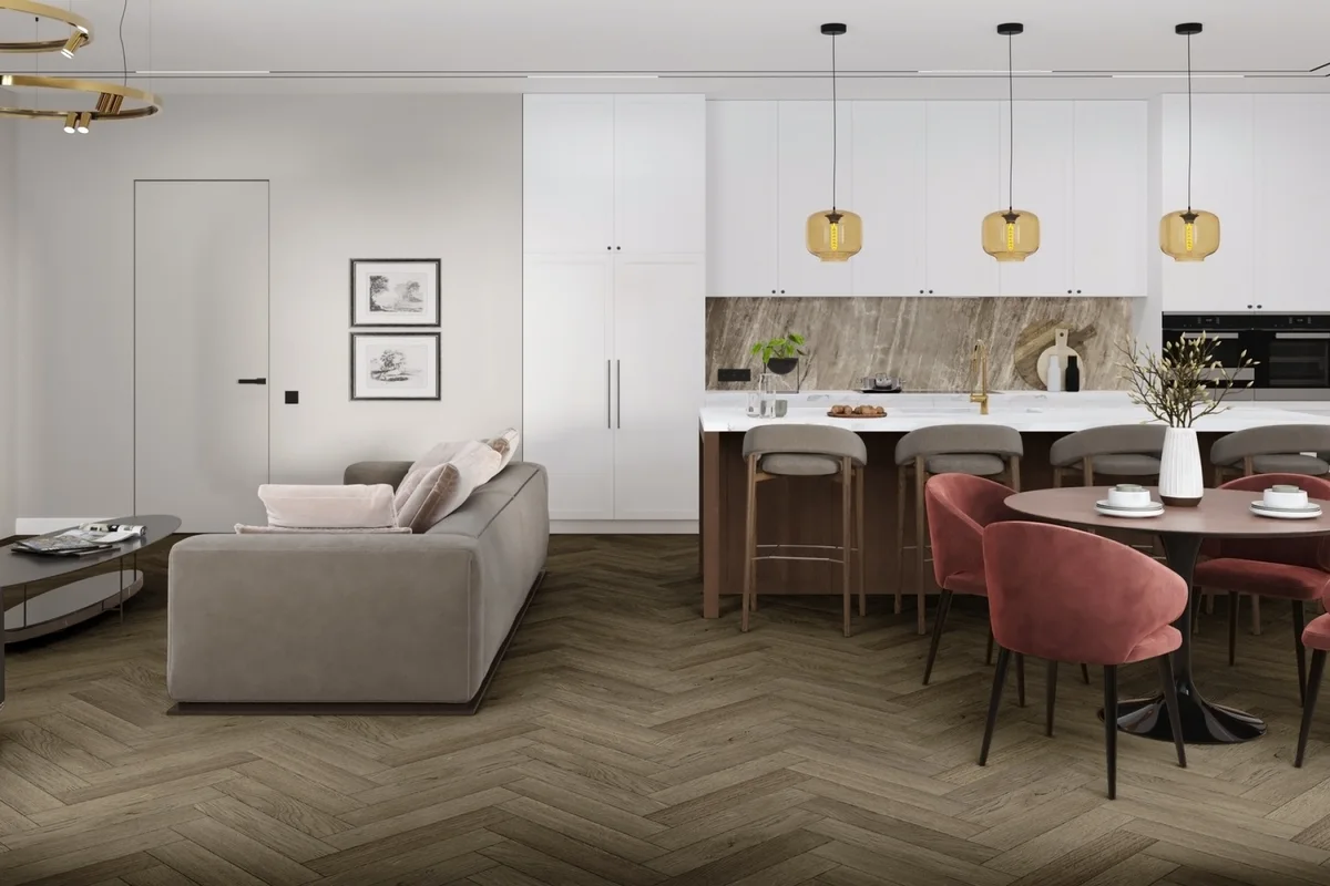Кварцвиниловая плитка Damy Floor клеевая London LVT Оксфорд 200410EL-12-LVT венгерская елка 590×118×2,5