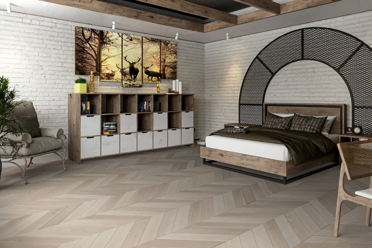 Кварцвиниловый SPC ламинат Damy Floor Chevron Пале-Рояль DF02-Ch французская елка 600×127×5
