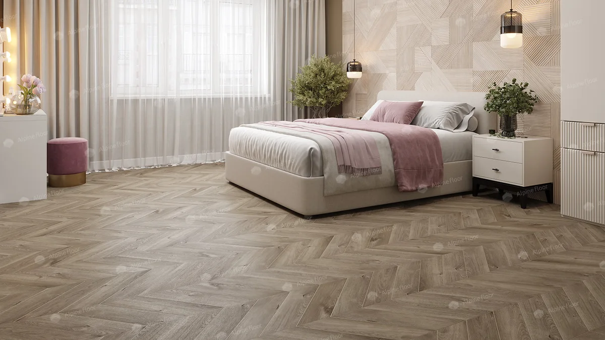 Кварцвиниловый SPC ламинат Alpine Floor Chevron Alpine Дуб Натуральный Отбеленный ECO 18-3 французская елка 600×127×5