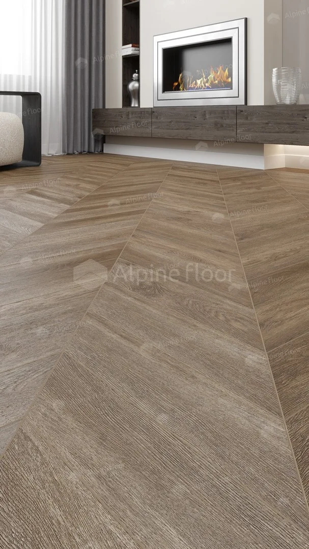 Кварцвиниловая плитка Alpine Floor клеевая Chevron Alpine LVT Макадамия Chevron ECO 20-5 французская елка 555×127×2,5