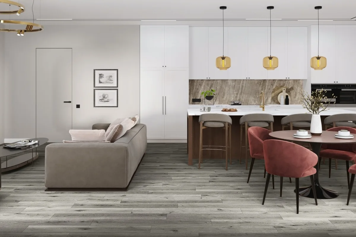 Кварцвиниловый SPC ламинат Damy Floor Family Дуб Состаренный Серый T7020-5D 1220×180×4,2