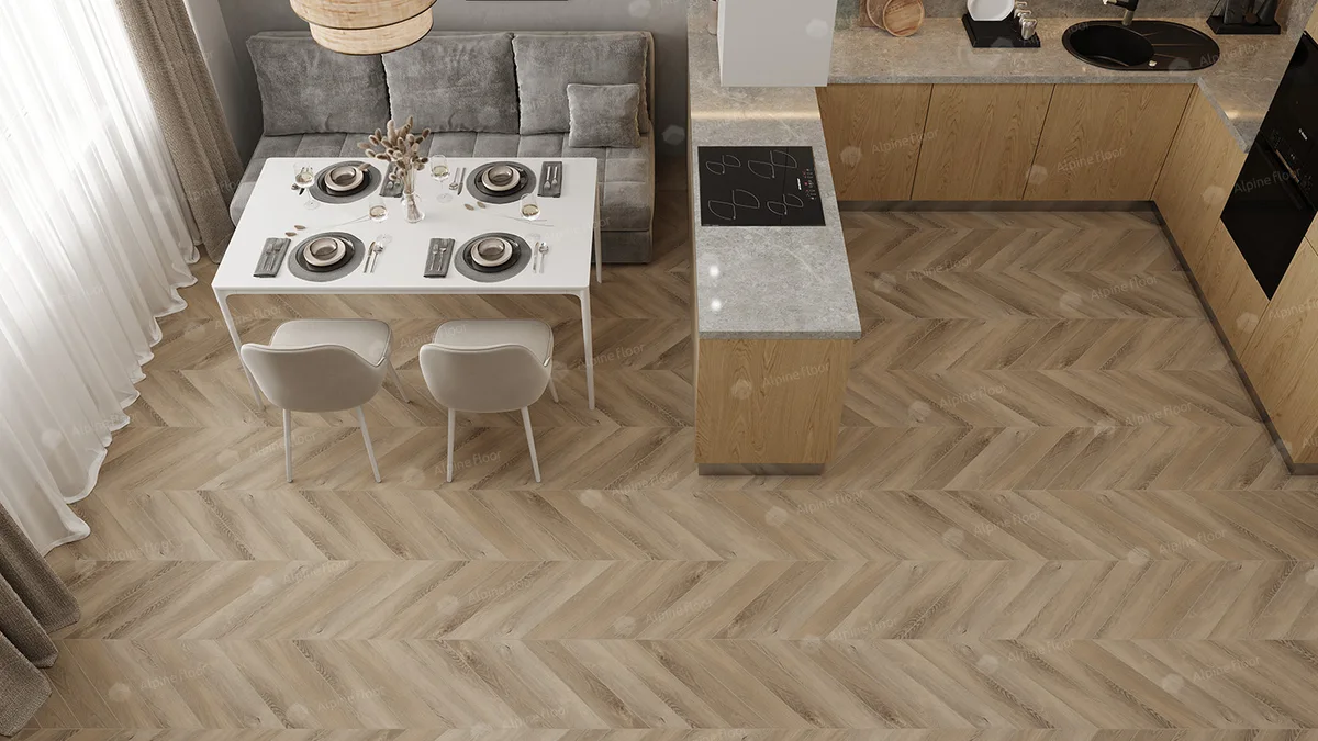Кварцвиниловый SPC ламинат Alpine Floor Chevron Alpine Дуб Синистра ECO 18-6 французская елка 600×127×5