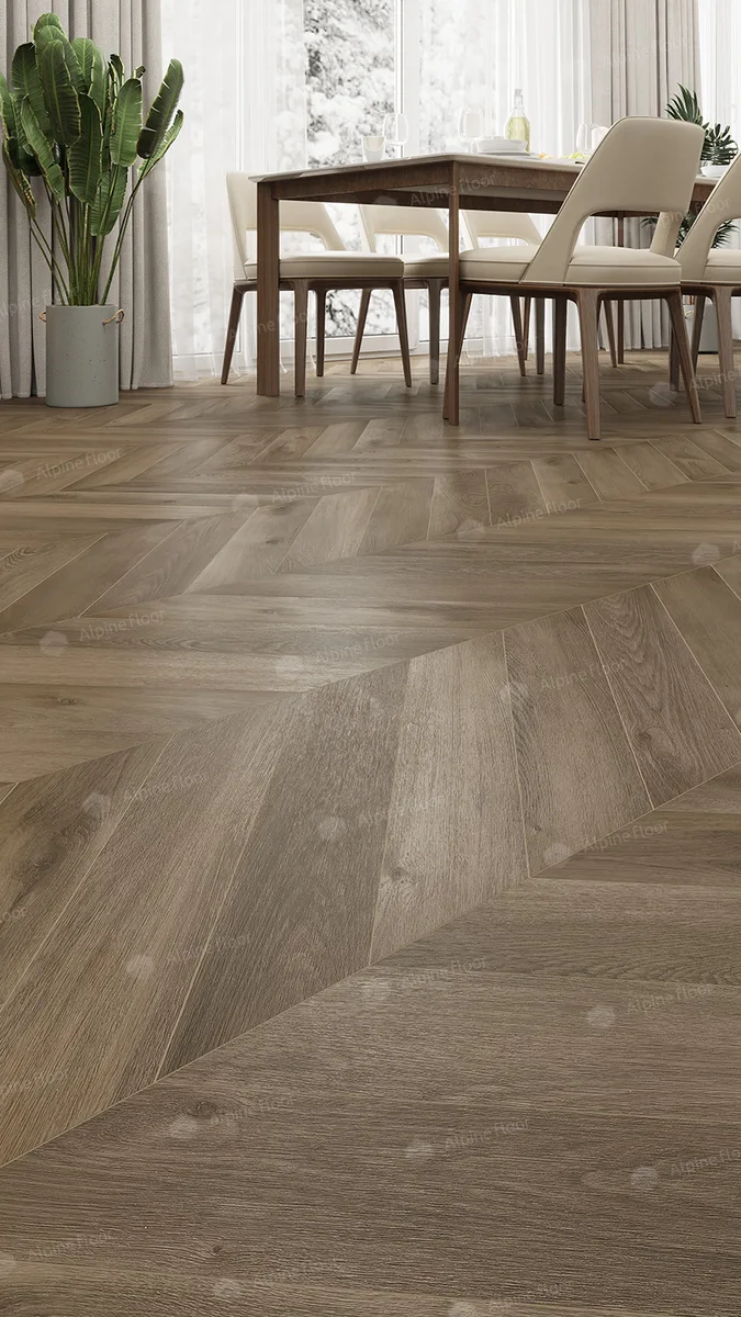 Кварцвиниловый SPC ламинат Alpine Floor Chevron Alpine Дуб Насыщенный ECO 18-4 французская елка 600×127×5