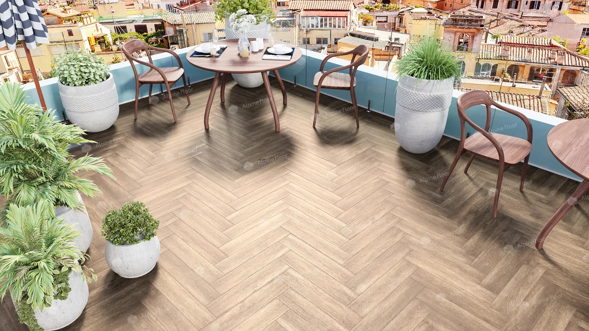Кварцвиниловый SPC ламинат Alpine Floor Parquet Light Дуб Макадамия ECO 13-10 венгерская елка 600×125×4
