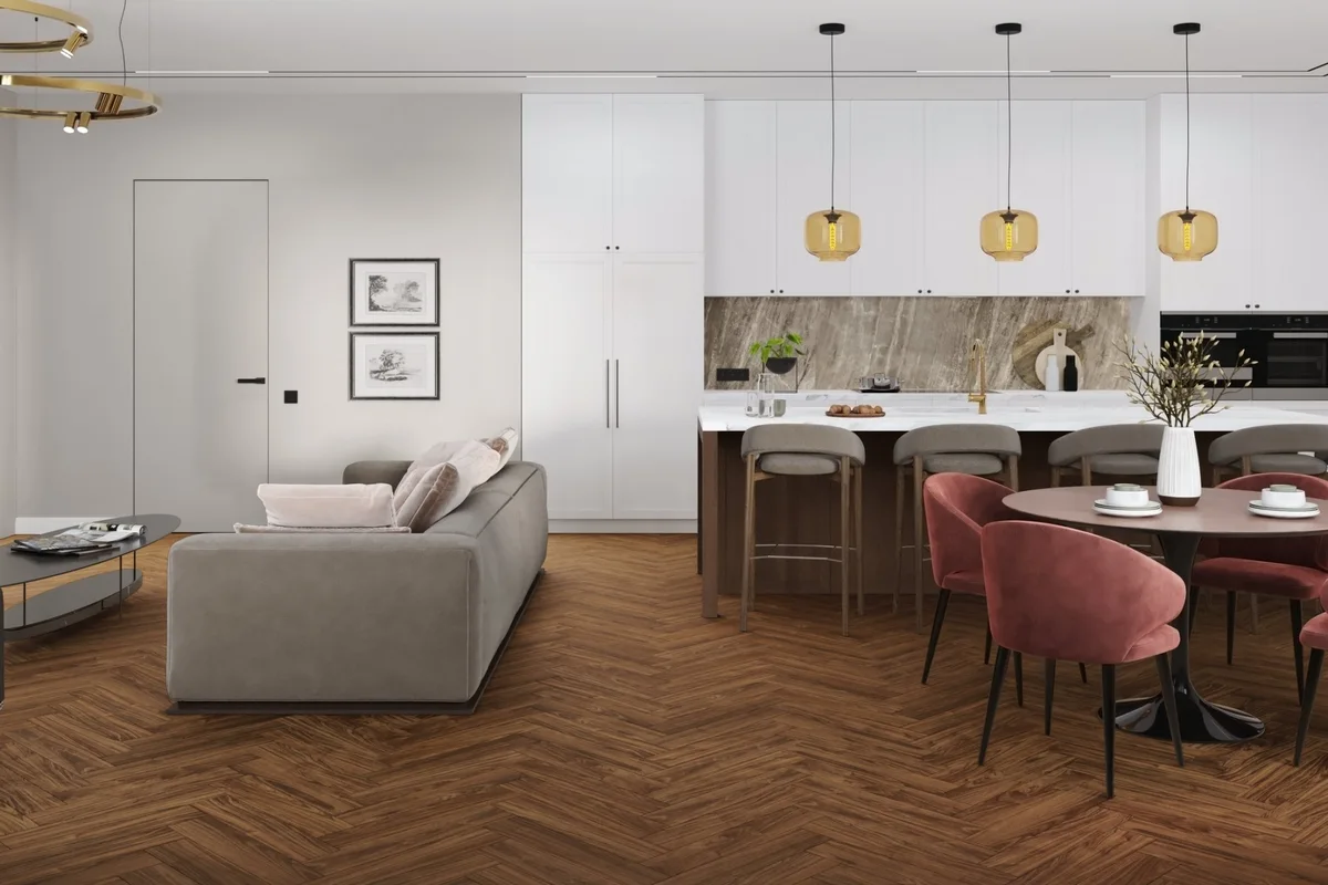 Кварцвиниловый SPC ламинат Damy Floor London Дерби 0036-1 венгерская елка 615×123×4