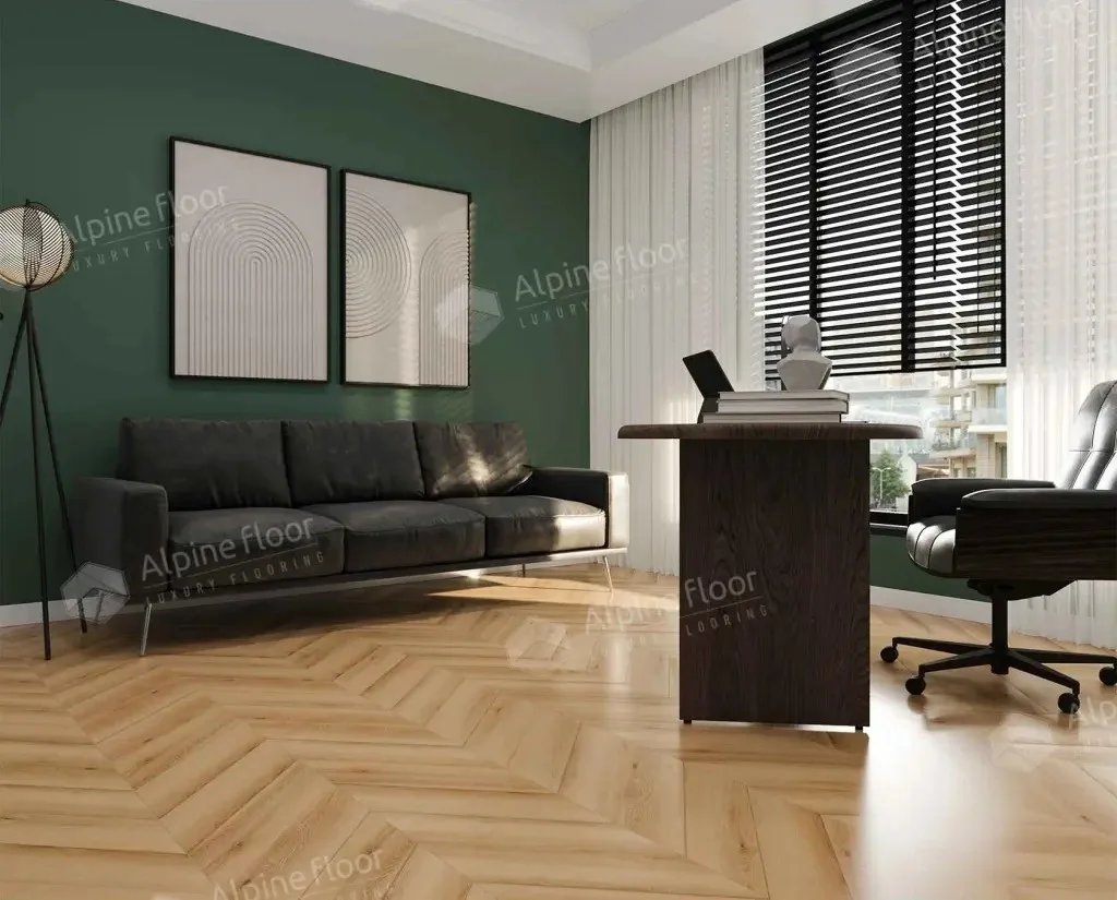 Кварцвиниловый SPC ламинат Alpine Floor Chevron Alpine Дуб Самерсет ECO 18-19 французская елка 600×127×5