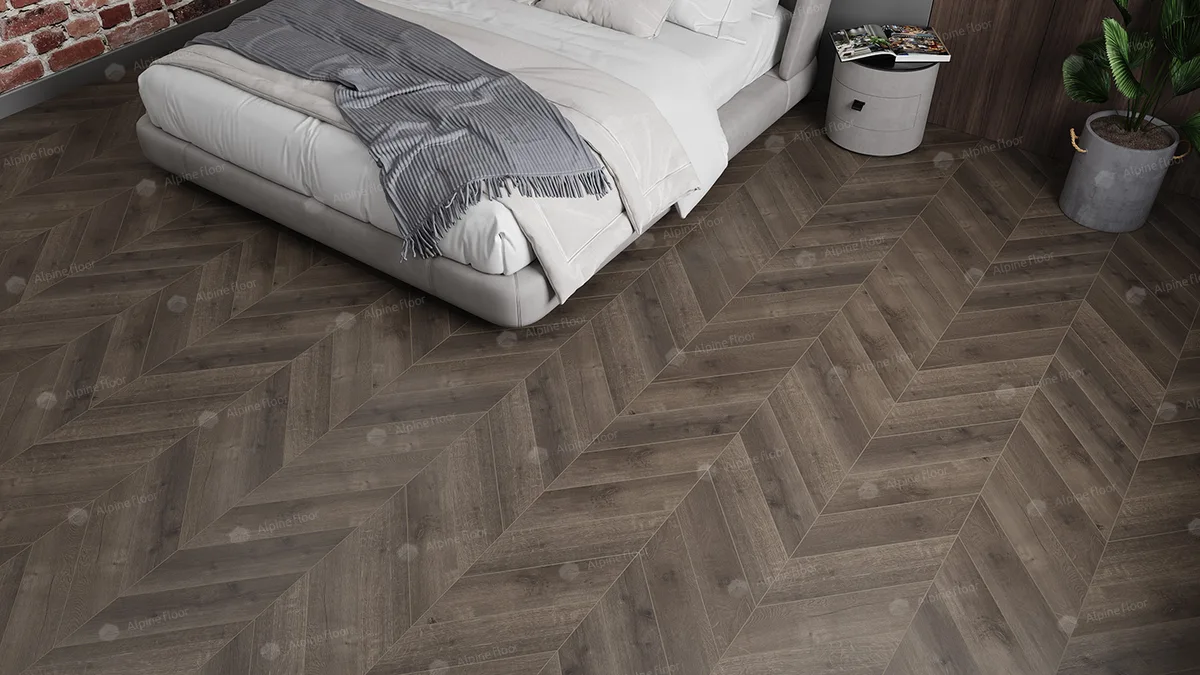 Кварцвиниловый SPC ламинат Alpine Floor Chevron Alpine Дуб Антарес ECO 18-9 французская елка 600×127×5