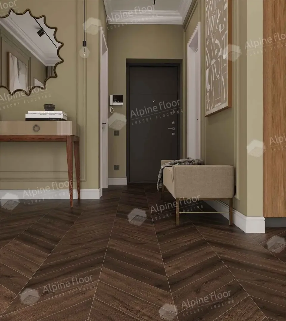 Кварцвиниловый SPC ламинат Alpine Floor Chevron Alpine Дуб Мокка ECO 18-12 французская елка 600×127×5