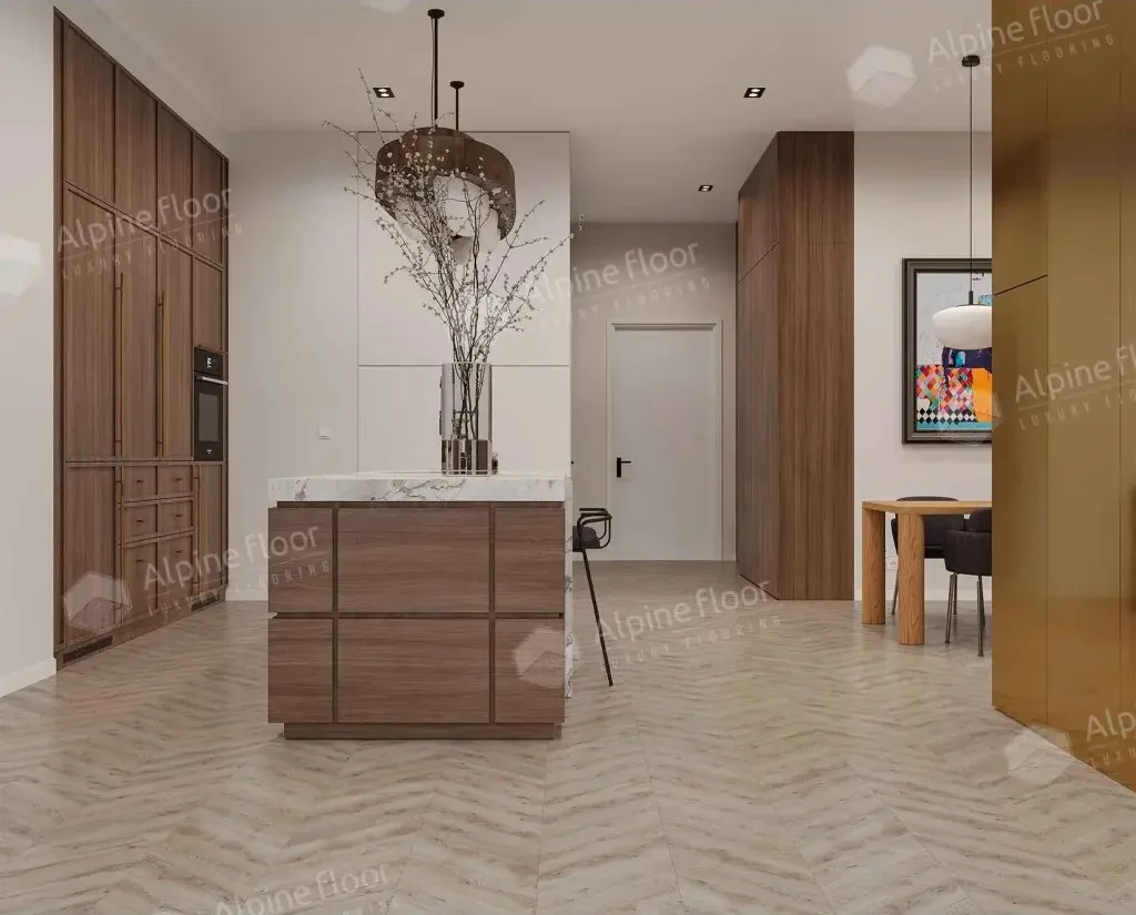 Кварцвиниловый SPC ламинат Alpine Floor Chevron Alpine Гикори ECO 18-21 французская елка 600×127×5