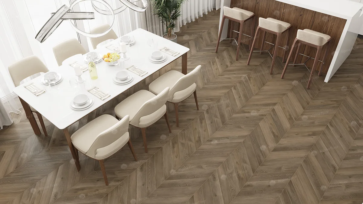Кварцвиниловый SPC ламинат Alpine Floor Chevron Alpine Дуб Насыщенный ECO 18-4 французская елка 600×127×5