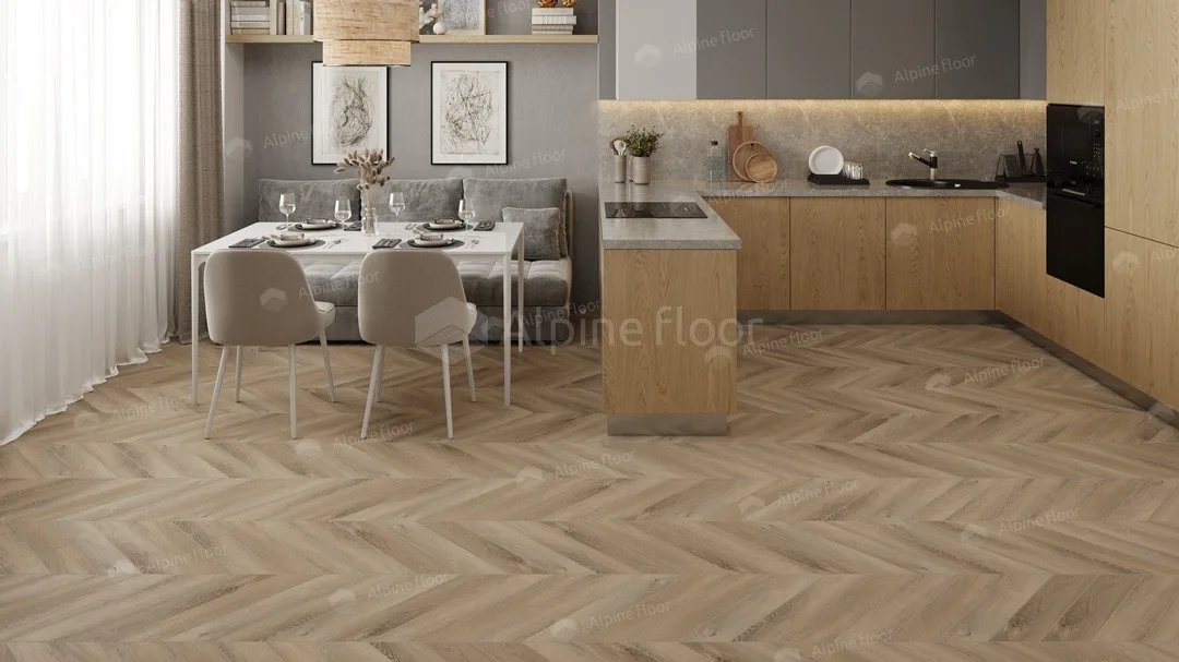 Кварцвиниловая плитка Alpine Floor клеевая Chevron Alpine LVT Дуб Синистра Chevron ECO 20-6 французская елка 555×127×2,5