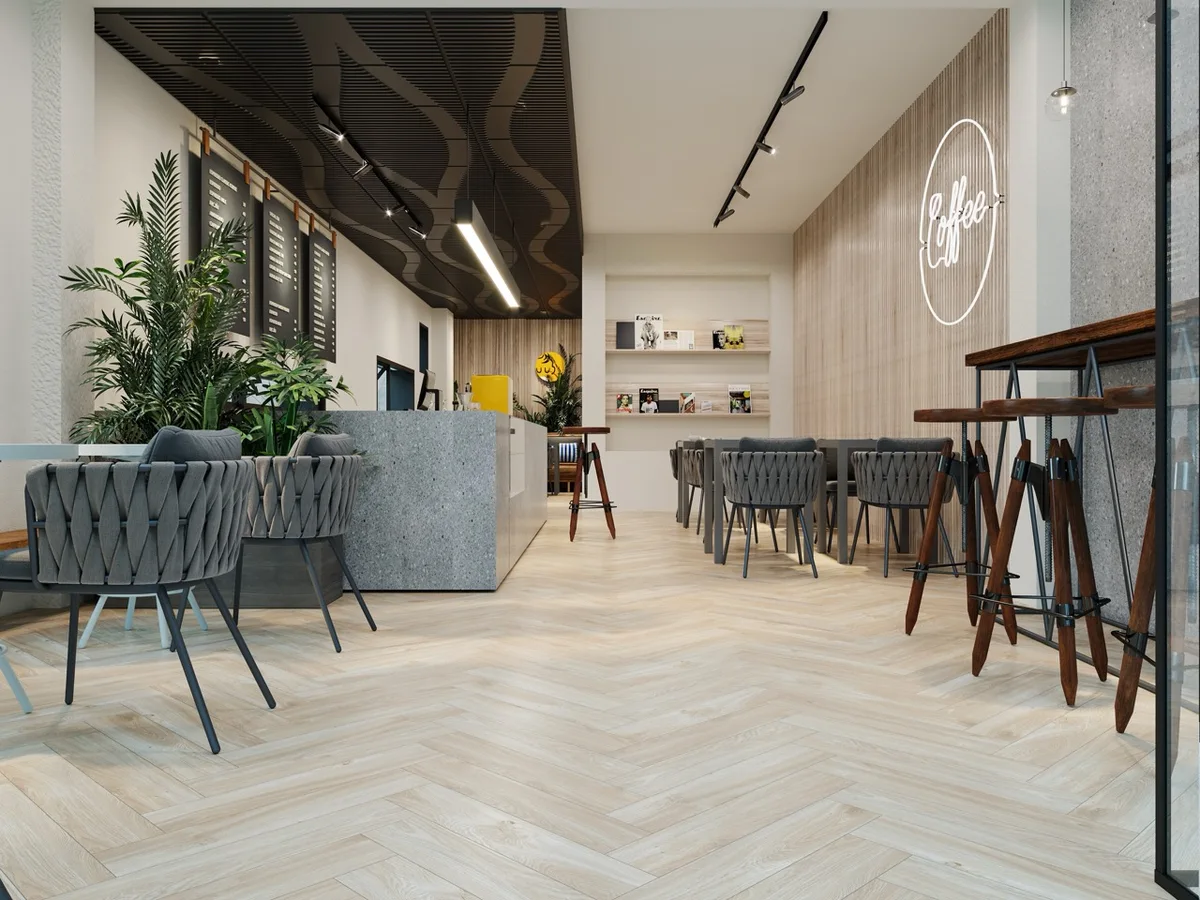 Кварцвиниловый SPC ламинат Cronafloor Herringbone Дуб Ницца H002 венгерская елка 640×128×4,5
