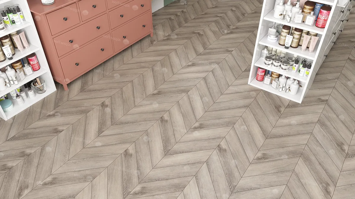 Кварцвиниловый SPC ламинат Alpine Floor Chevron Alpine Дуб Исида ECO 18-8 французская елка 600×127×5