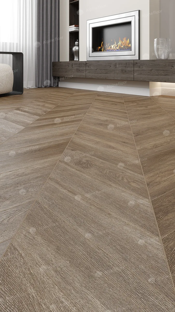 Кварцвиниловый SPC ламинат Alpine Floor Chevron Alpine Макадамия ECO 18-5 французская елка 600×127×5