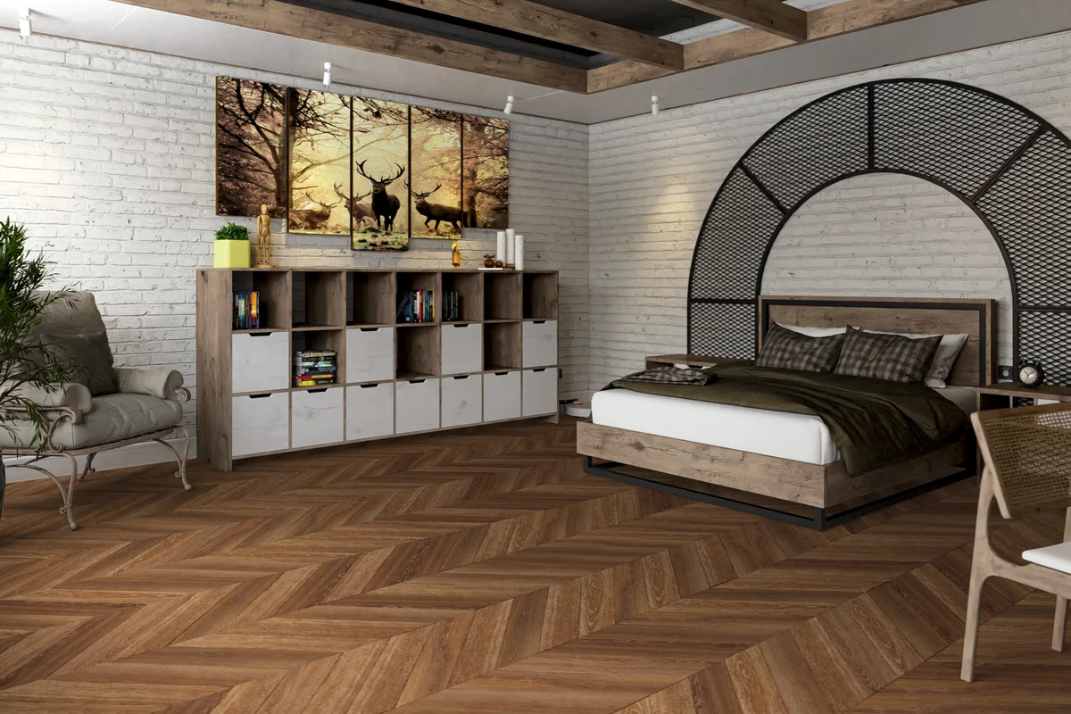 Кварцвиниловый SPC ламинат Damy Floor Chevron Шайо DF07-Ch французская елка 600×127×5