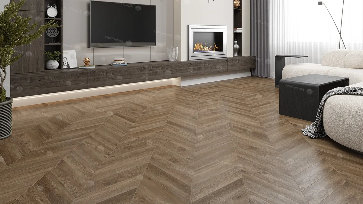 Кварцвиниловый SPC ламинат Alpine Floor Chevron Alpine Макадамия ECO 18-5 французская елка 600×127×5