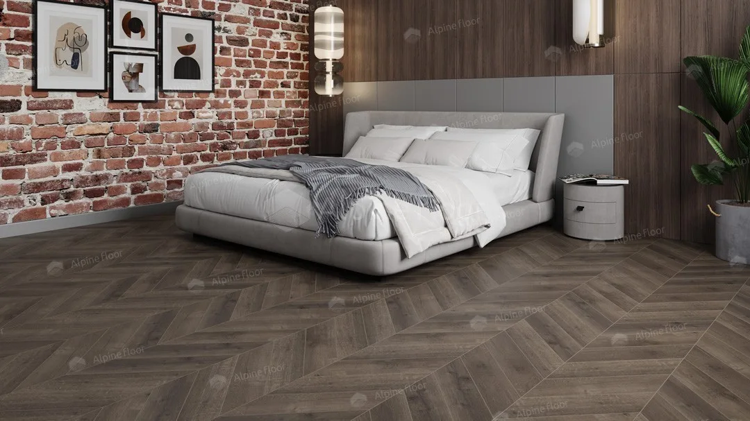Кварцвиниловая плитка Alpine Floor клеевая Chevron Alpine LVT Дуб Антарес Chevron ECO 20-9 французская елка 555×127×2,5