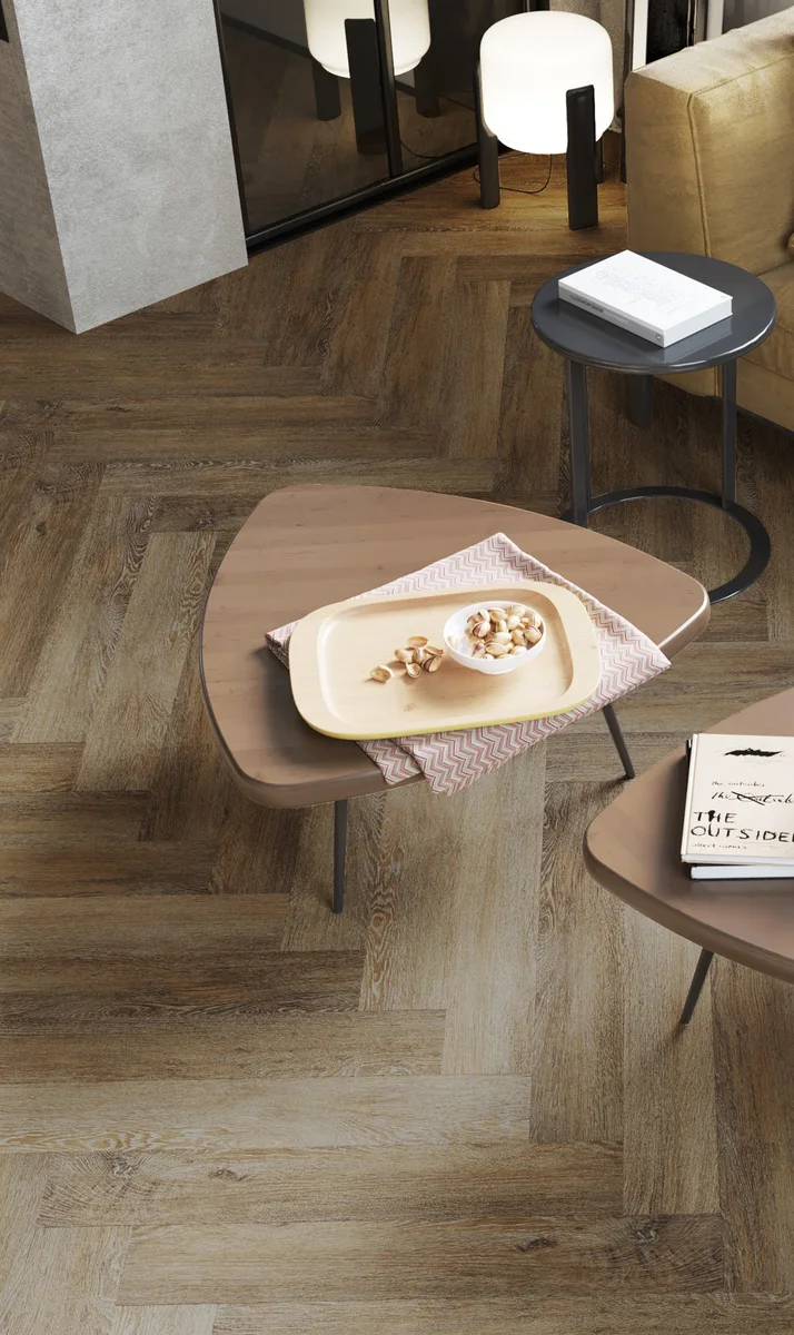 Кварцвиниловый SPC ламинат Vinilam Parquet Herringbone Паркет Тусон IS11377 венгерская елка 720×120×6,5