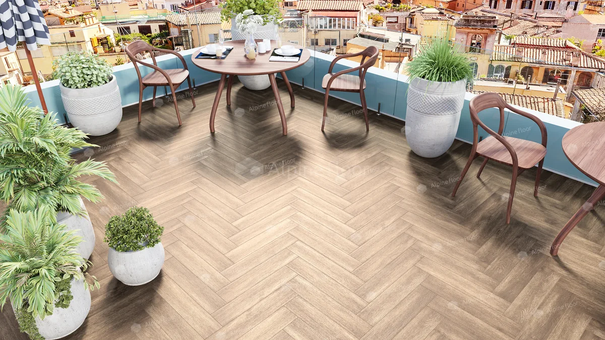 Кварцвиниловый SPC ламинат Alpine Floor Parquet Premium Дуб Макадамия ECO 19-10 венгерская елка 600×125×8